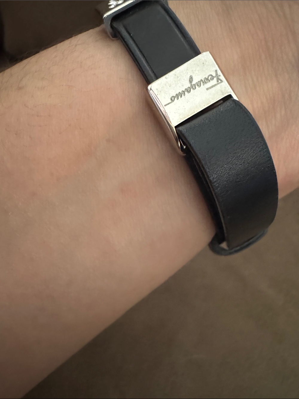 Salvatore Ferragamo Black Leather Bracelet w Silver Crystal Logo Squares Small - Picture 4 of 8
